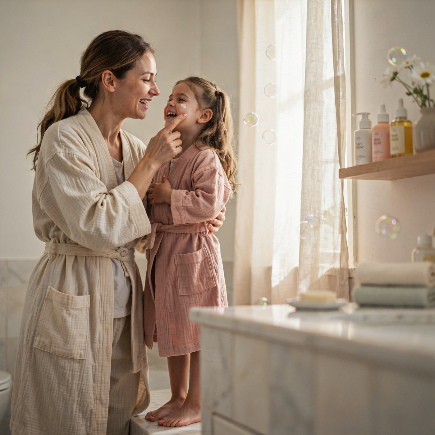 A mom and her daughter sharing a morning skincare moment by a sunlit window