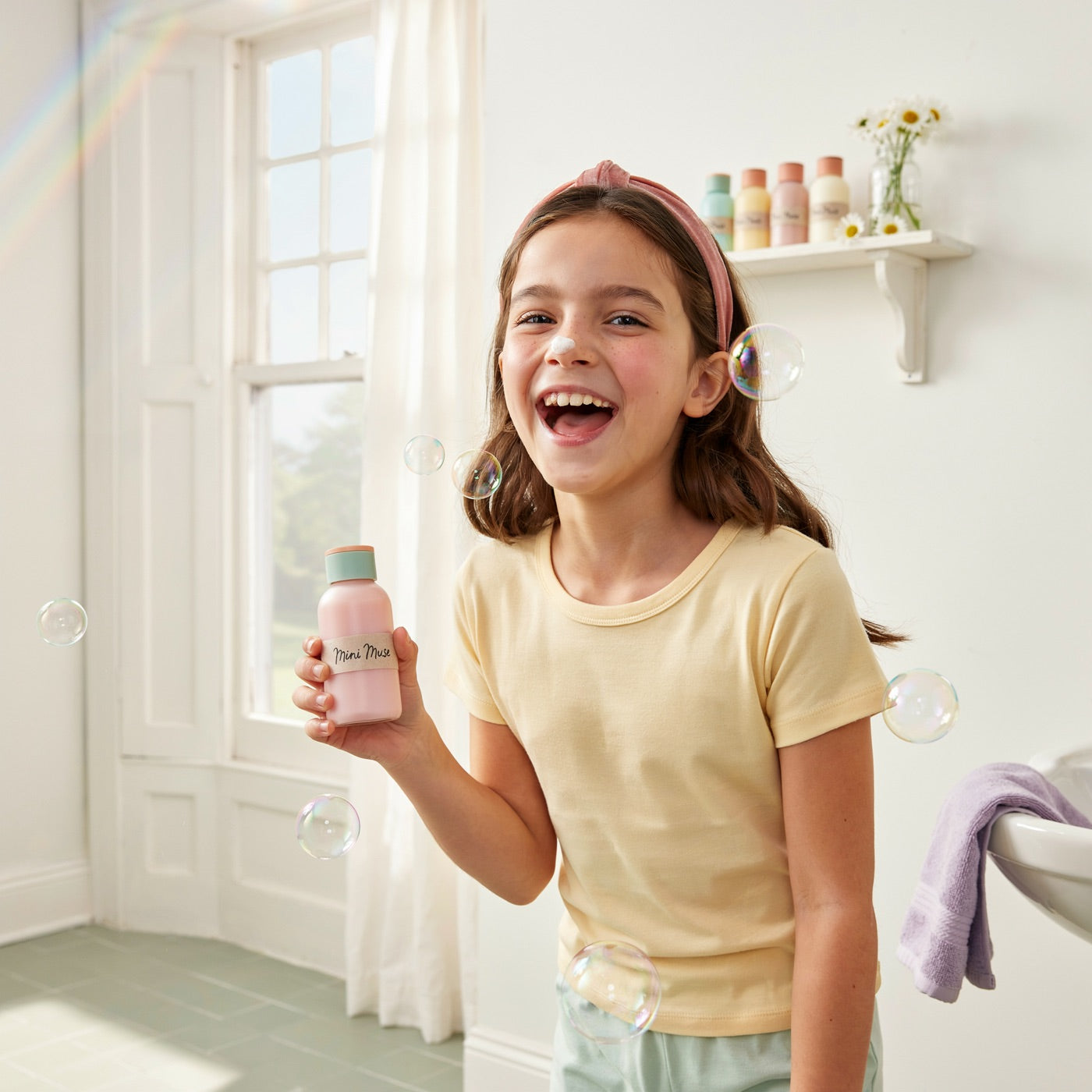 A joyful girl with a rainbow of light and real bubbles