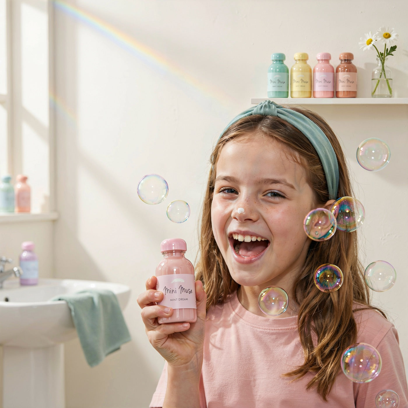 A smiling girl surrounded by floating bubbles holding a pastel bottle