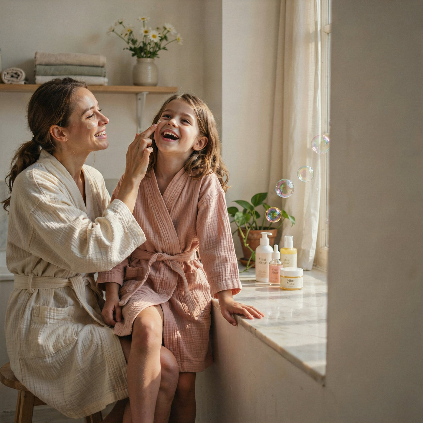Mom dabbing cream on her laughing daughter's cheek