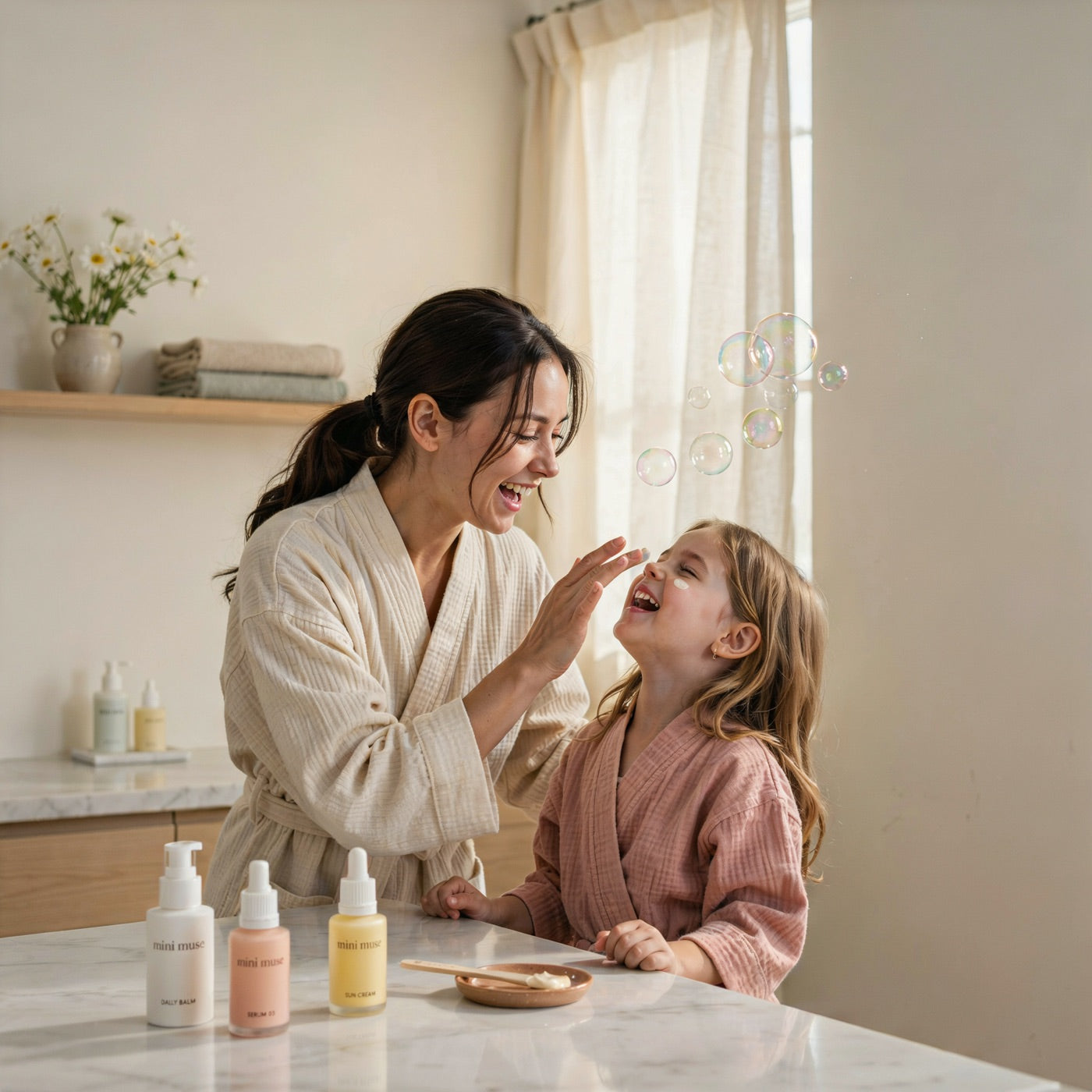 Mom and daughter laughing together at the bathroom counter