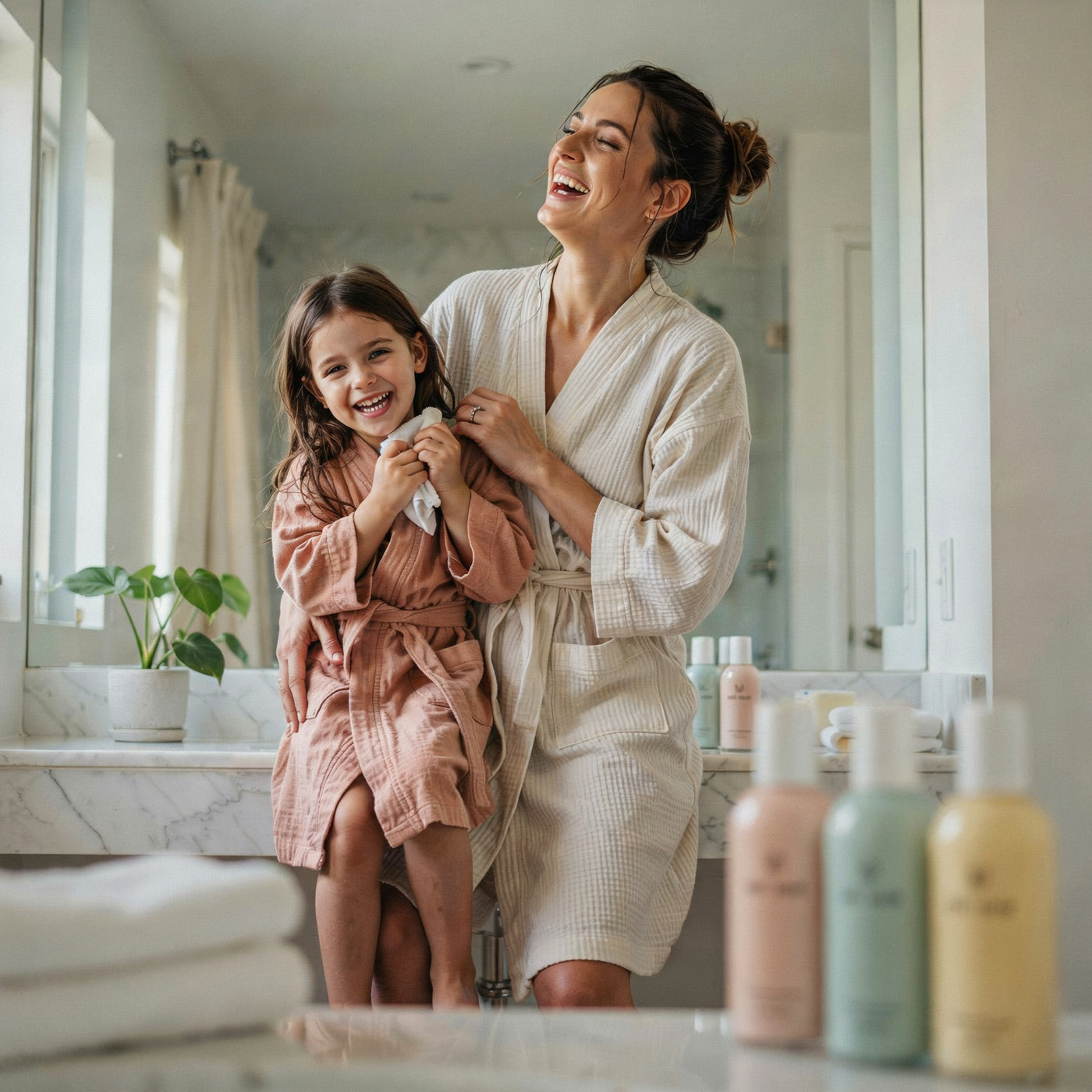 Mom and daughter in matching robes in a bright bathroom