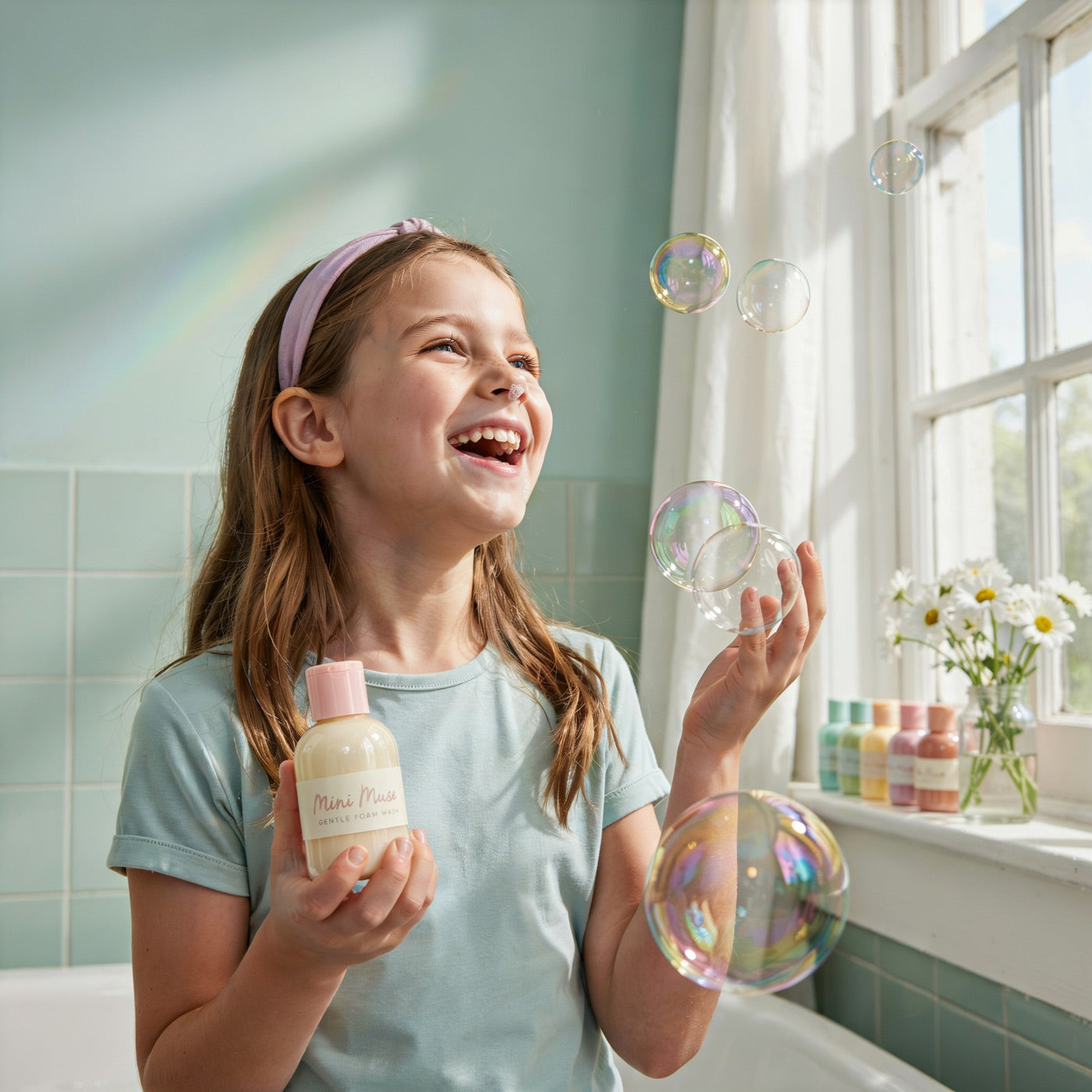 A girl laughing with iridescent soap bubbles by the window